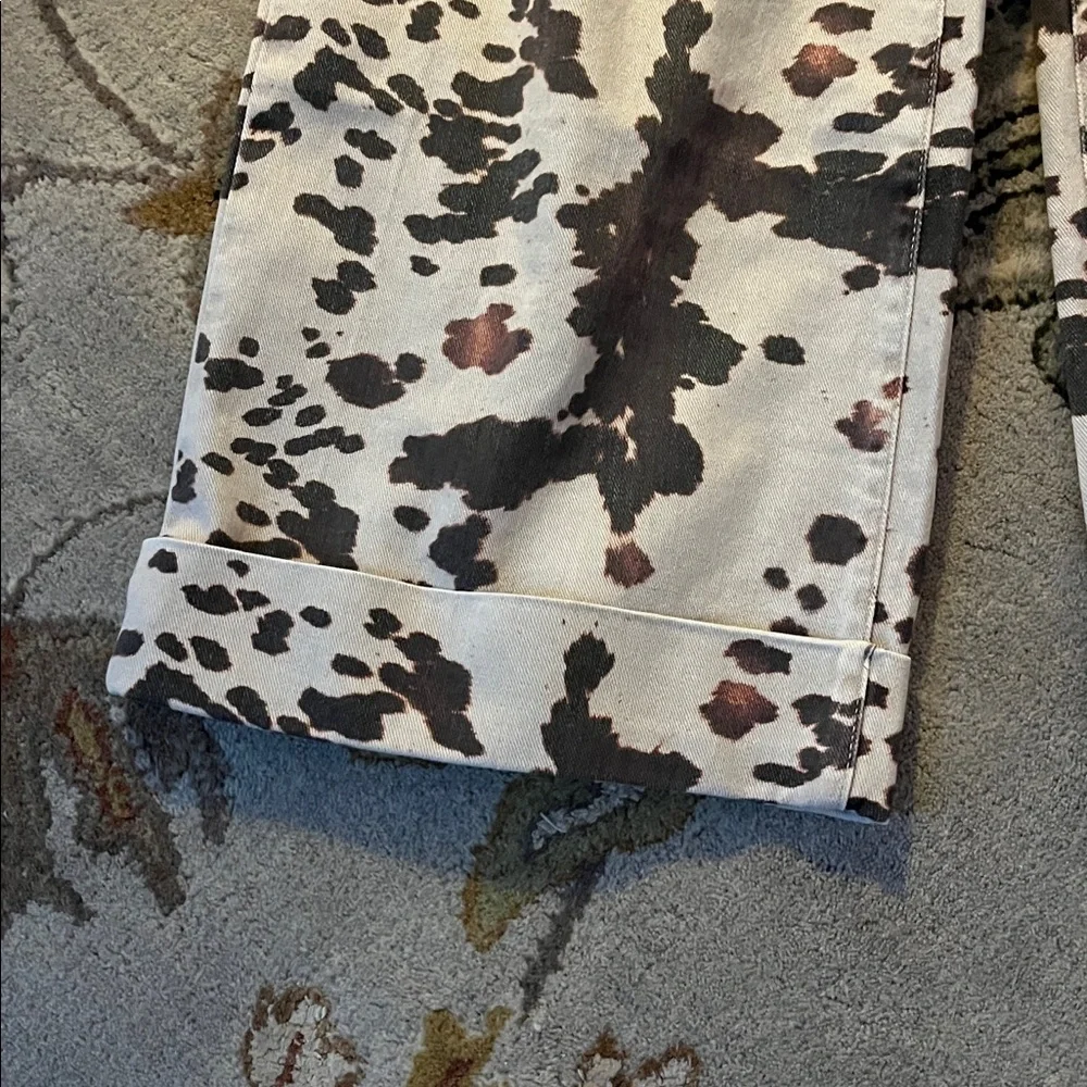 Pilcro Wide Leg Pants in Cream with Brown and Black Cow Print - Picture 2 of 5